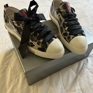 Prada Leopard Print Patent Sneakers with Ribbon Laces